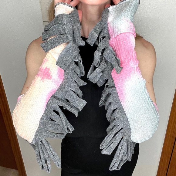 Mummy Bandage Gloves Pink Tie Dye Lace Up Arm Warmers Gray Ripped Whimsygoth Psy - Picture 10 of 11